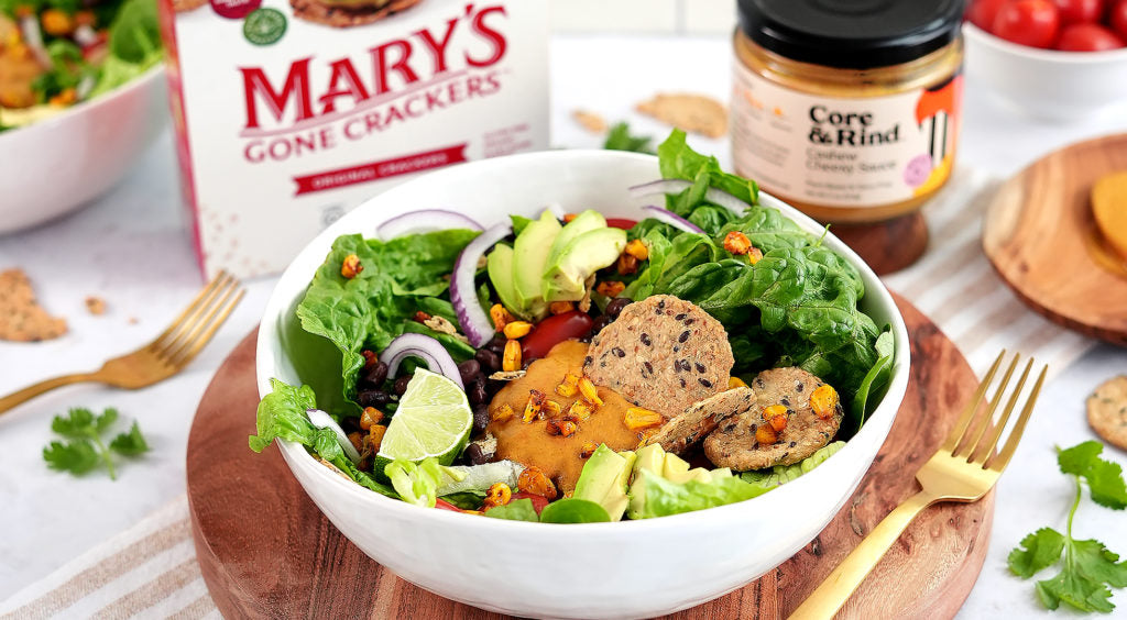 Vegan Taco Salad topped with Mary’s Gone Crackers Original Crackers.