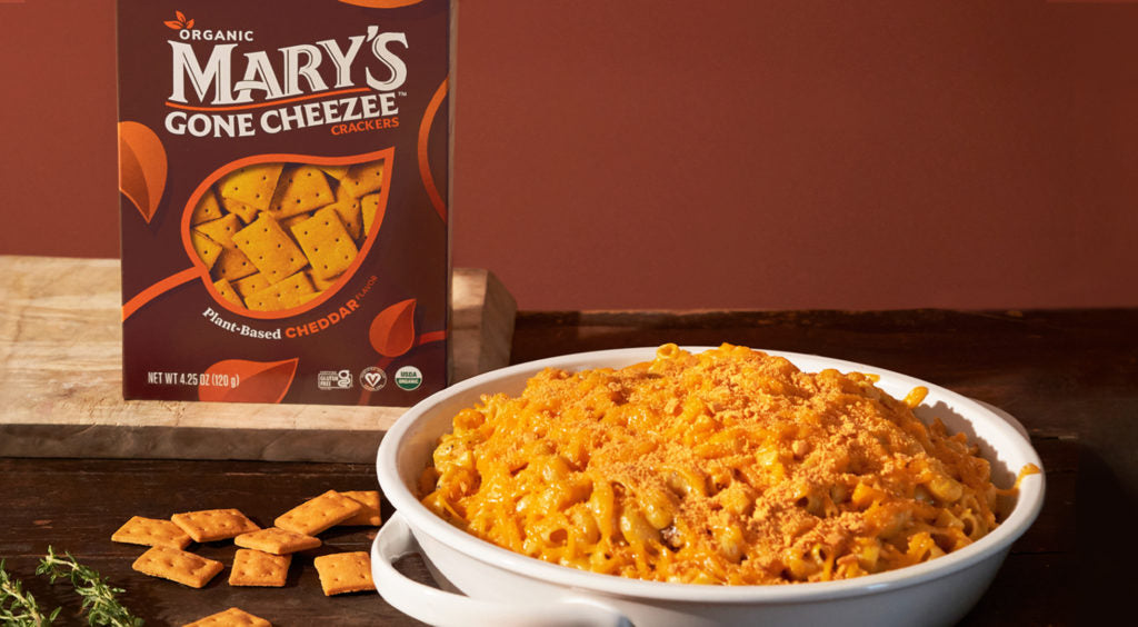 Baked Mac & Cheese topped with Mary’s Gone Crackers Cheddar Flavor Cheezee Crackers.