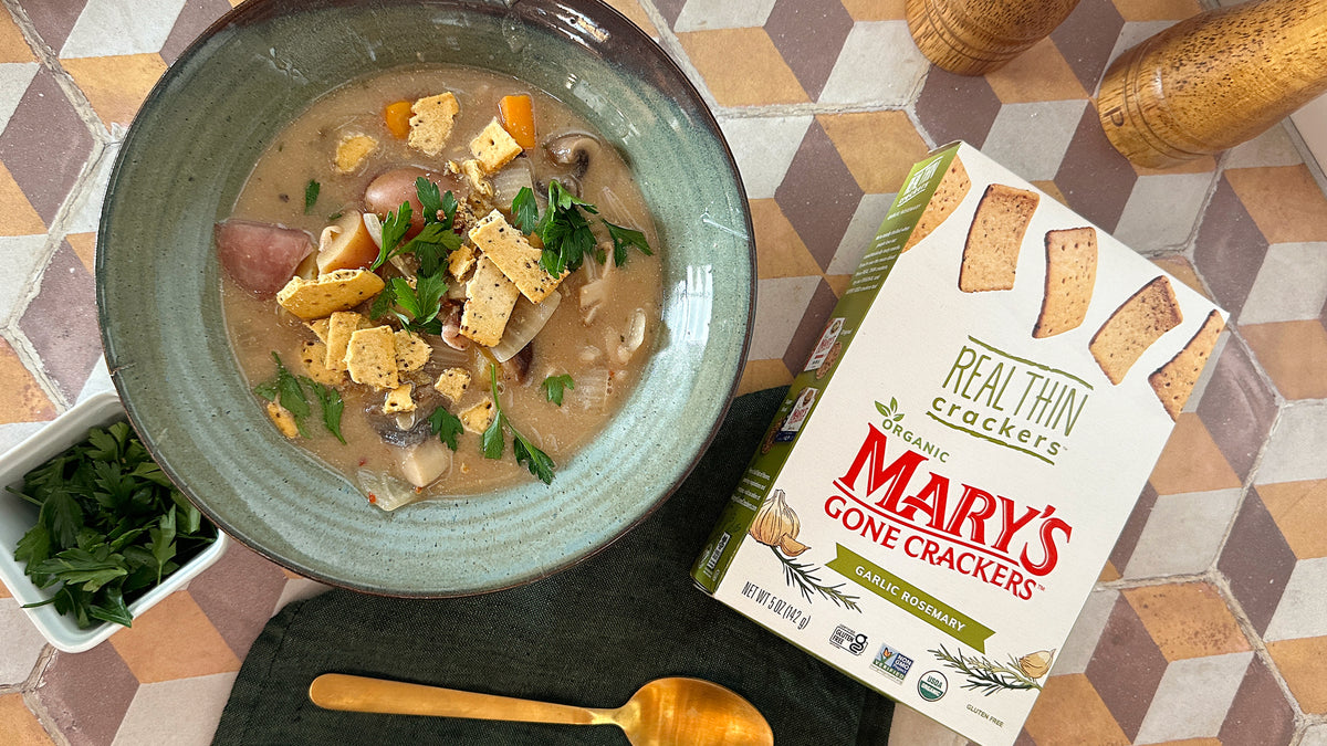 Vegan Bean & Mushroom Stew topped with Mary’s Gone Crackers Garlic Rosemary REAL THIN Crackers.