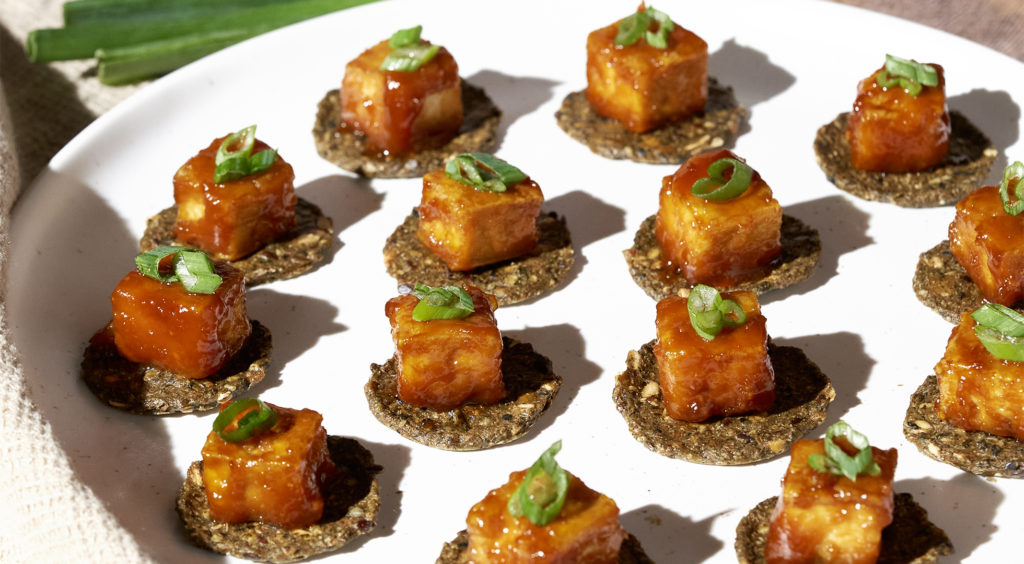 Miso Maple Tofu Bites made with Mary’s Gone Crackers Super Seed Seaweed & Black Sesame Crackers.