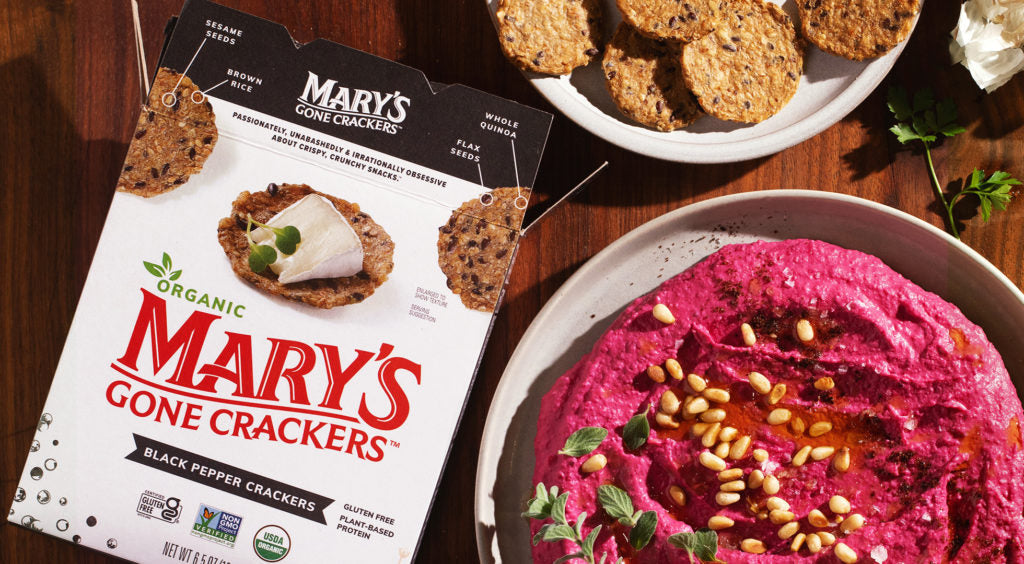 Beet Hummus served with Mary’s Gone Crackers Black Pepper Crackers.