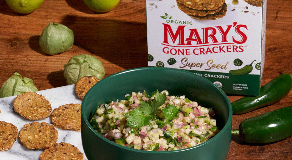 Green Apple Jalapeño Salsa served with Mary’s Gone Crackers Super Seed Jalapeño Crackers.