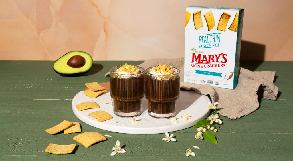 Chocolate Avocado Mousse topped with Mary’s Gone Crackers Sea Salt REAL THIN Crackers.