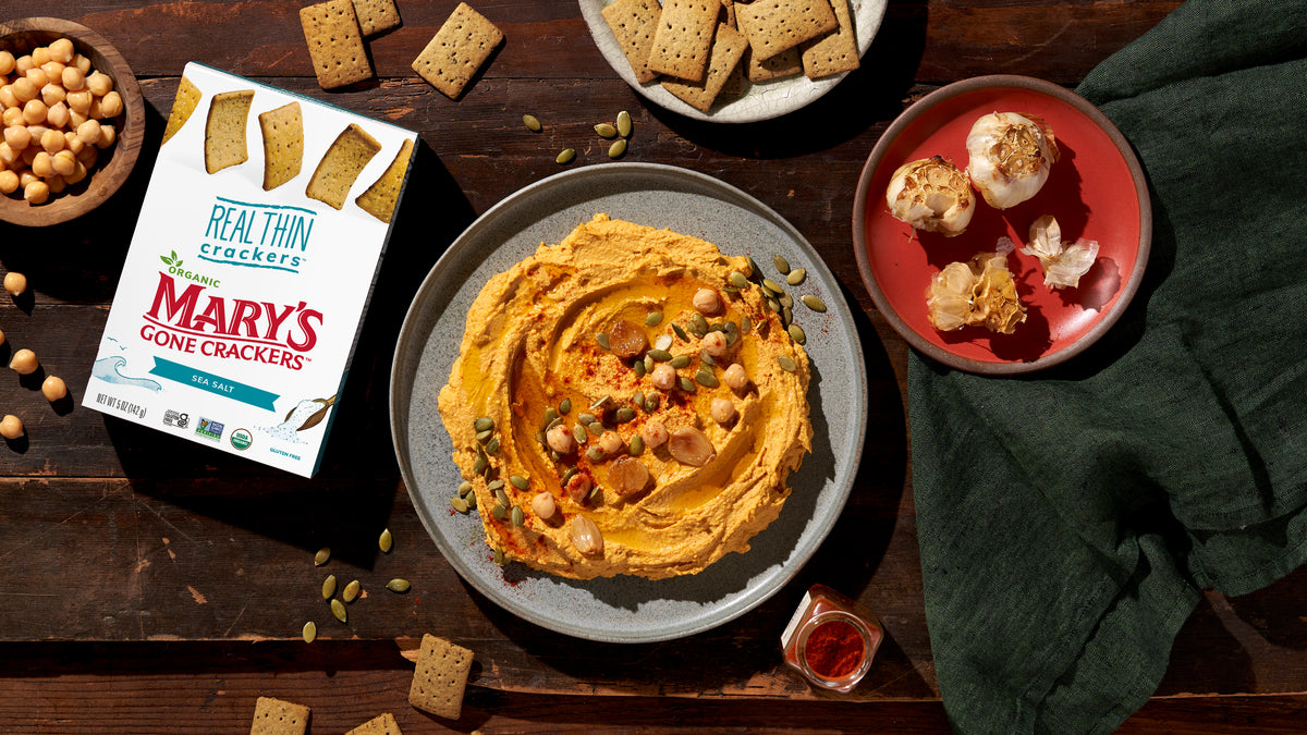 Pumpkin Hummus served with Mary’s Gone Crackers Sea Salt REAL THIN Crackers.