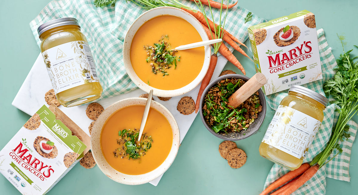 Roasted Carrot Sheet Pan Soup made with OWL Venice’s Broth Elixir and Mary’s Gone Crackers Herb Crackers.