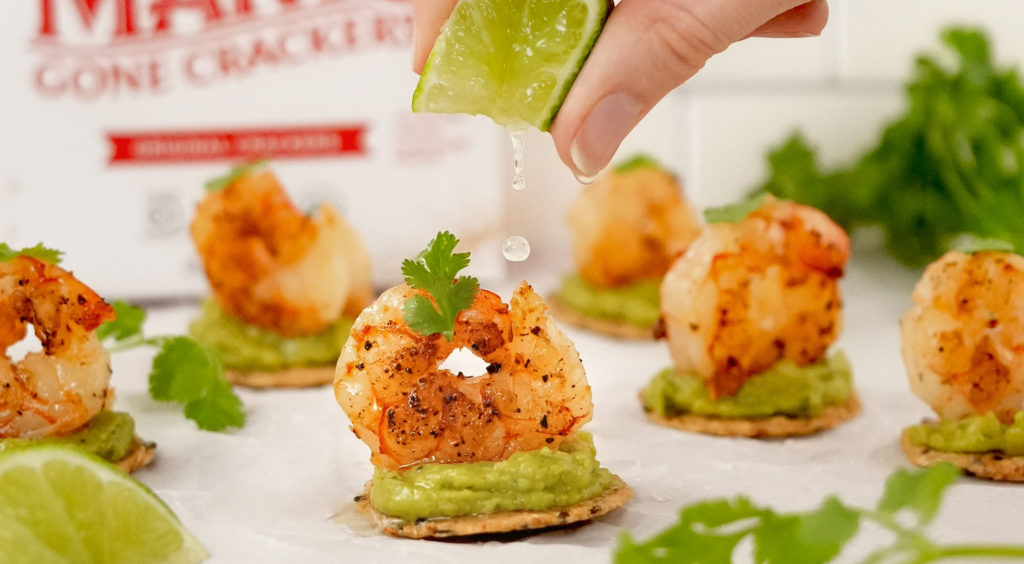 Cajun Lime Shrimp Guacamole Bites made with Mary’s Gone Crackers Original Crackers.