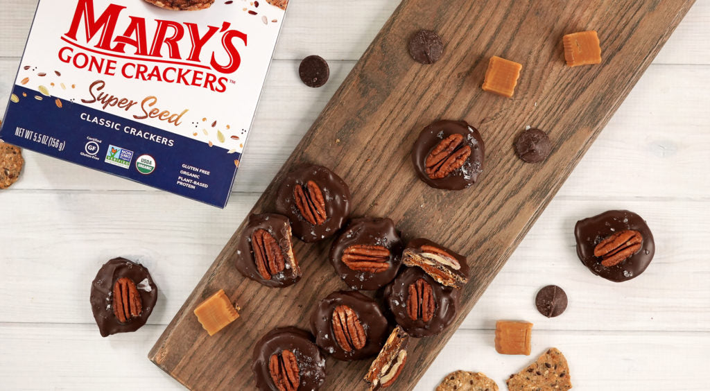 Chocolate Caramel Pecan Bites made with Mary’s Gone Crackers Super Seed Classic Crackers.