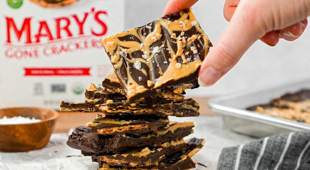 Salted Peanut Butter Chocolate Toffee Cracker Bark made with Mary’s Gone Crackers Original Crackers.