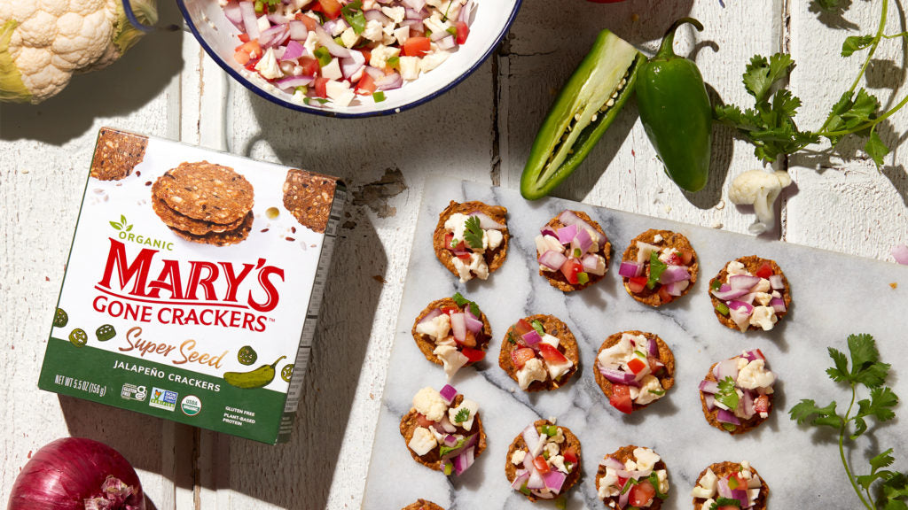 Cauliflower Ceviche made with Mary’s Gone Crackers Super Seed Jalapeño Crackers.
