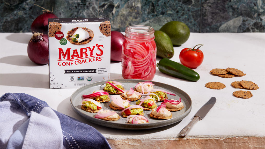 Pickled Red Onions served with Mary’s Gone Crackers Black Pepper Crackers.