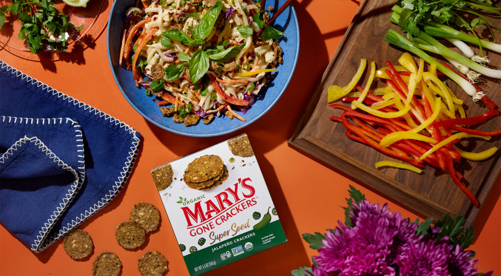 Peanut-Free Chilled Pad Thai Salad garnished with Mary’s Gone Crackers Super Seed Jalapeño Crackers.