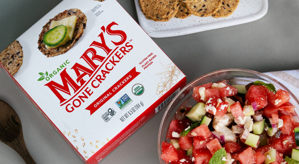 Mediterranean Watermelon Salsa served with Mary’s Gone Crackers Original Crackers.