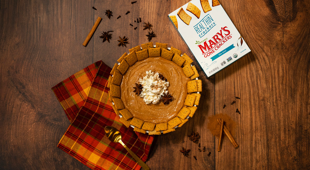 Pumpkin Spice Latte Dip served with Mary's Gone Crackers Sea Salt REAL THIN Crackers.