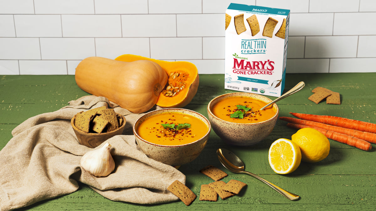 Butternut Squash Soup served with Mary’s Gone Crackers Sea Salt REAL THIN Crackers.