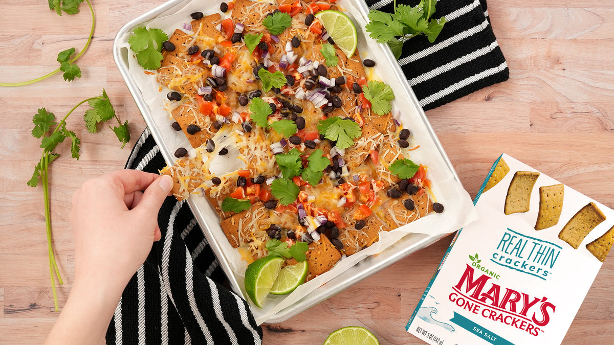 Sea Salt Real Thin Nachos made with Mary’s Gone Crackers Sea Salt REAL THIN Crackers.