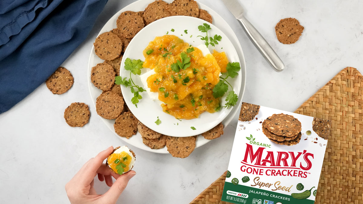 Spicy Mango Jam served with Mary’s Gone Crackers Super Seed Jalapeño Crackers.