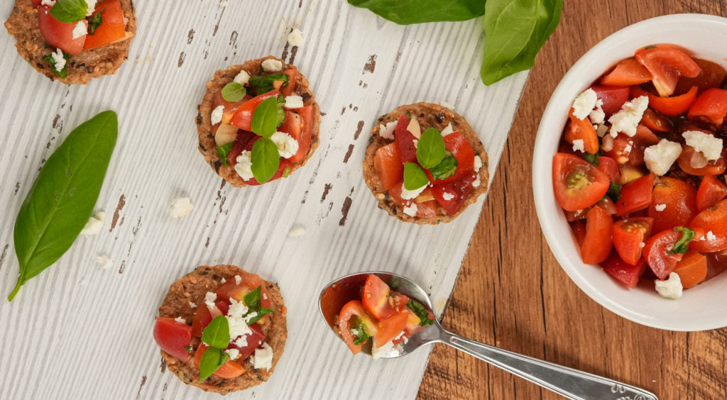 Feta Bruschetta made with Mary’s Gone Crackers Herb Crackers.