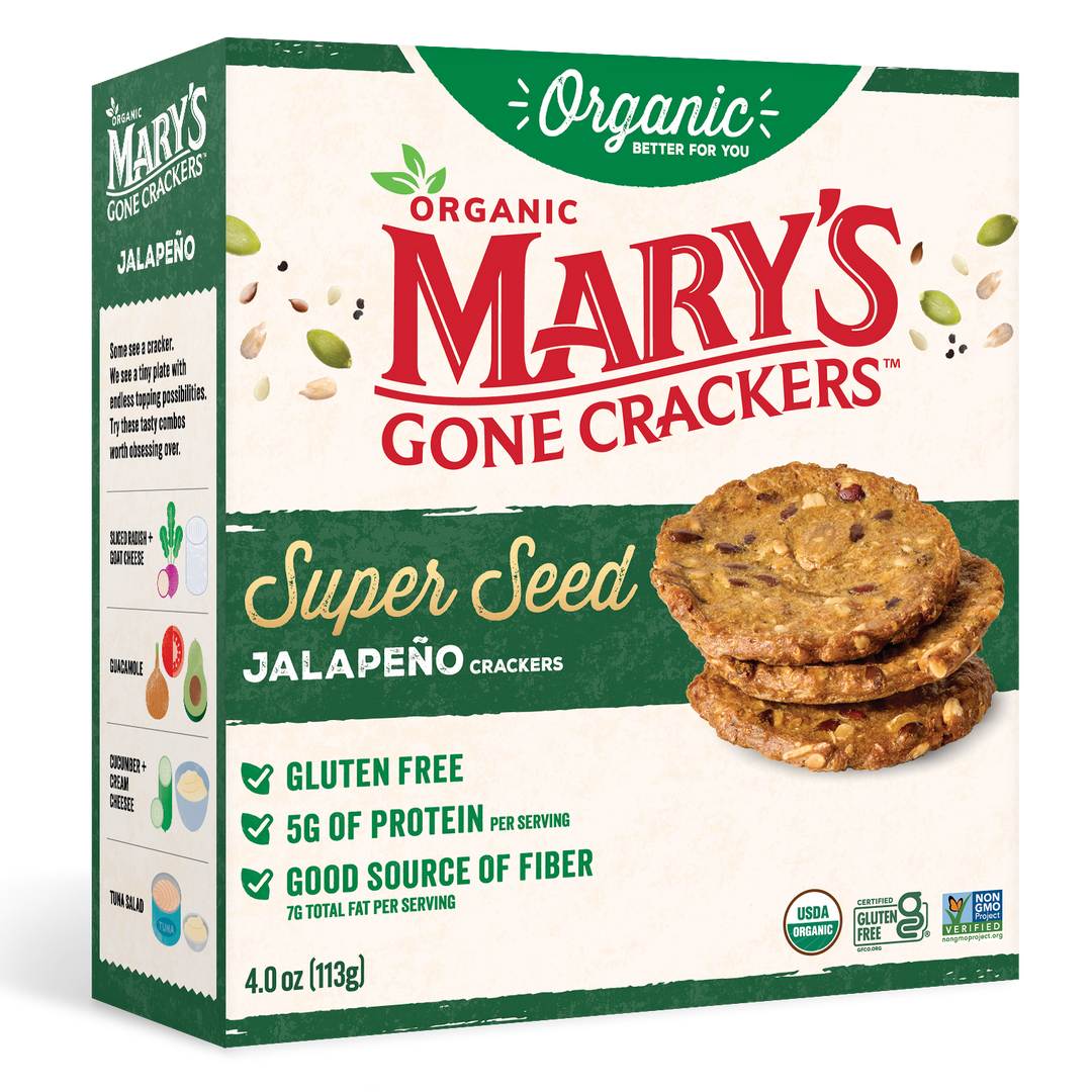 Box of Mary's Gone Crackers Super Seed Jalapeno Crackers on a blue background