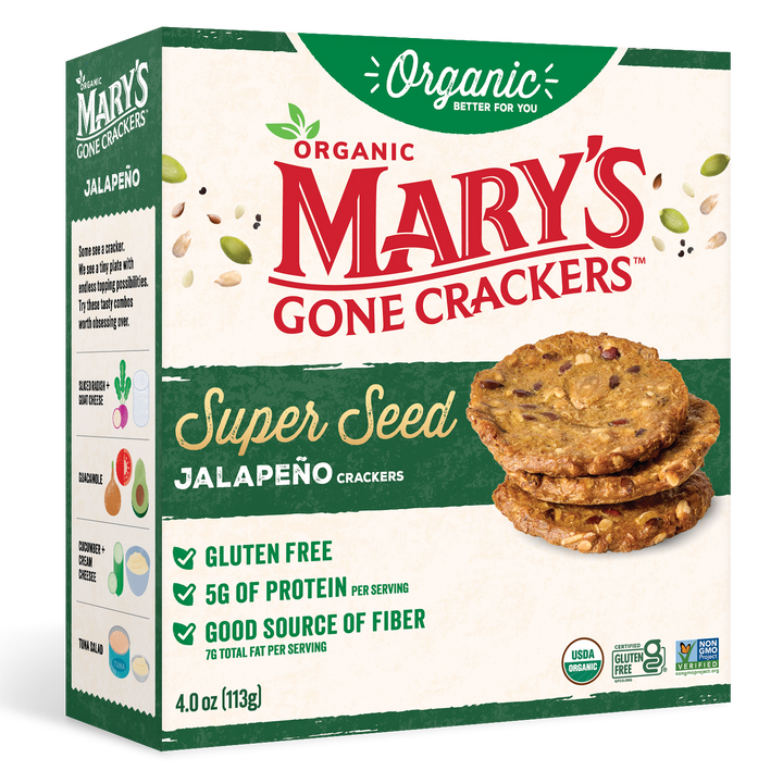 Box of Mary's Gone Crackers Super Seed Jalapeno Crackers on a blue background