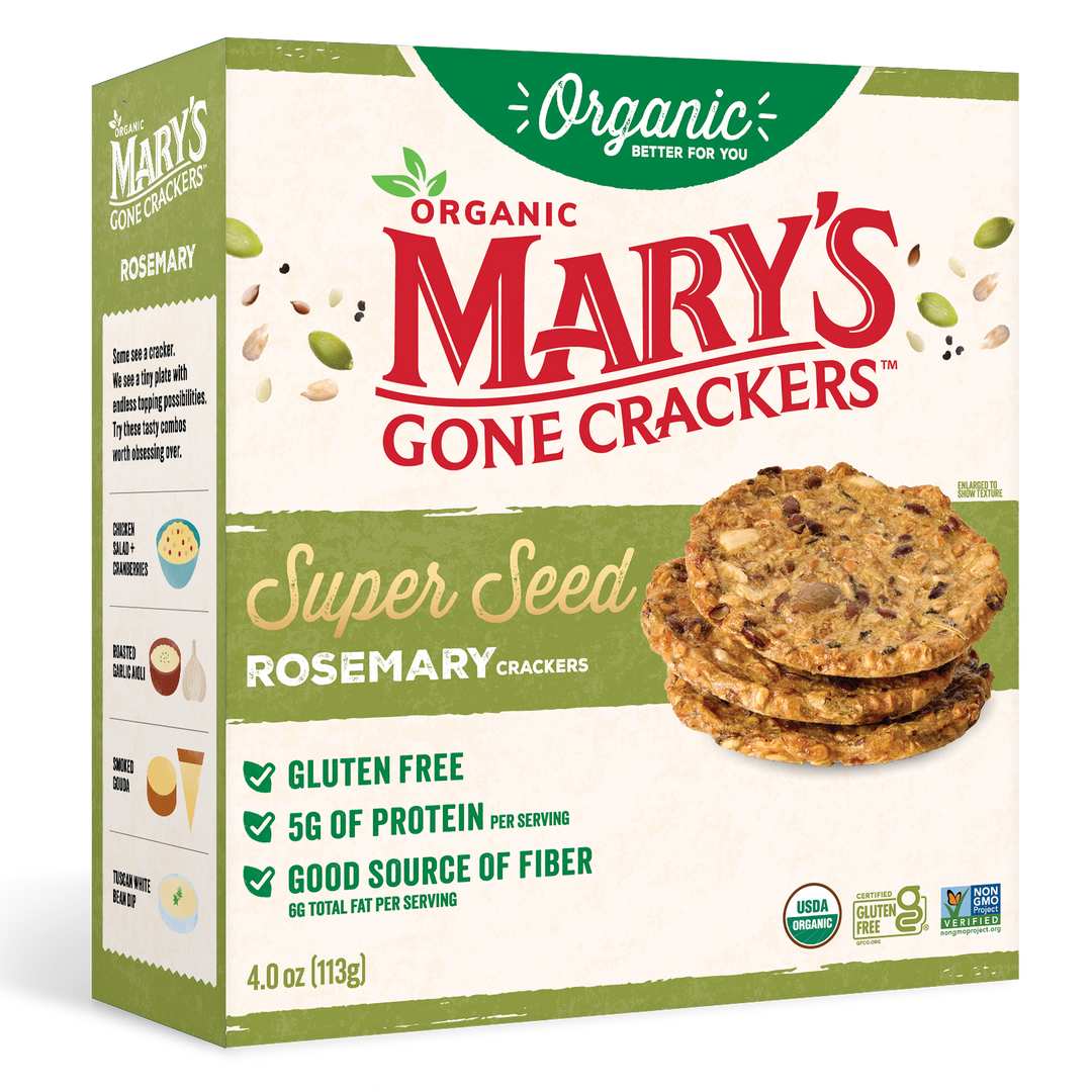 Box of Mary's Gone Crackers Super Seed Rosemary Crackers on a blue background