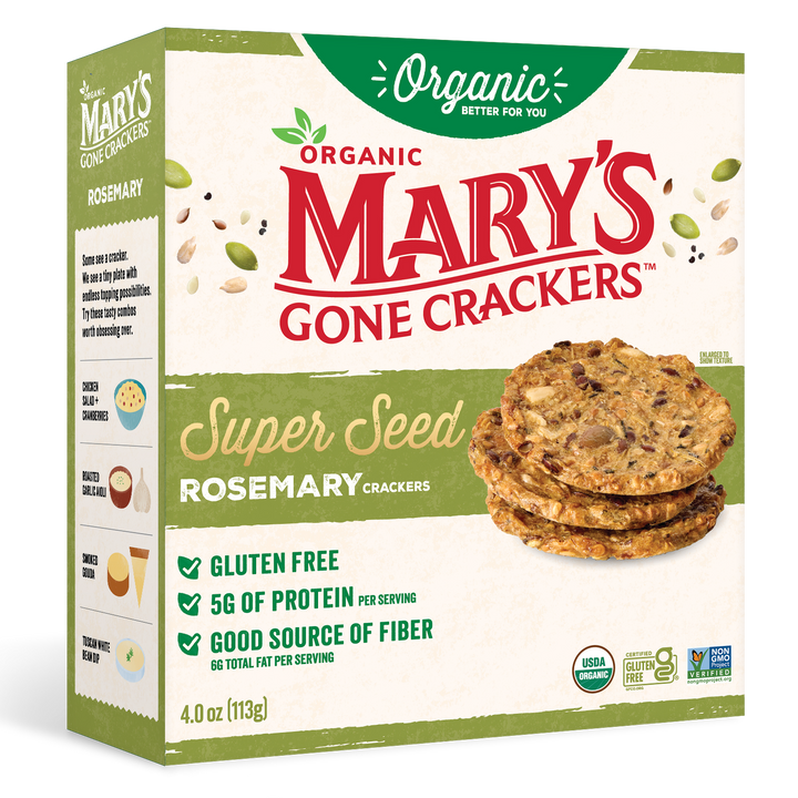 Box of Mary's Gone Crackers Super Seed Rosemary Crackers on a blue background