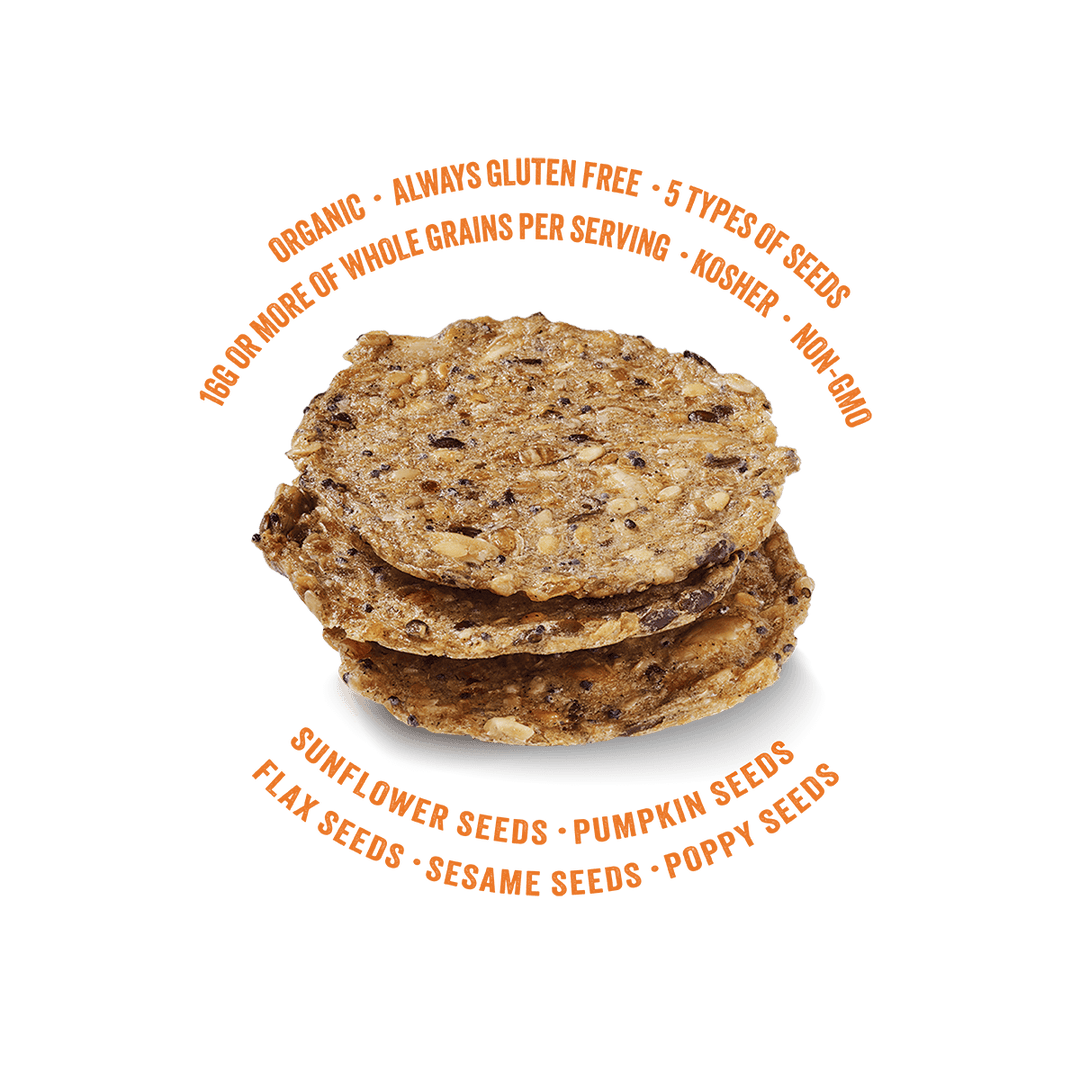 Super Seed Everything Crackers-Organic; Always Gluten Free; 5 Types of seeds; 16G or more of whole grains per saving; kosher; non-GMO; Sunflower seeds; Pumpkin Seeds; Flax Seeds; Sesame Seeds; Poppy Seeds.
