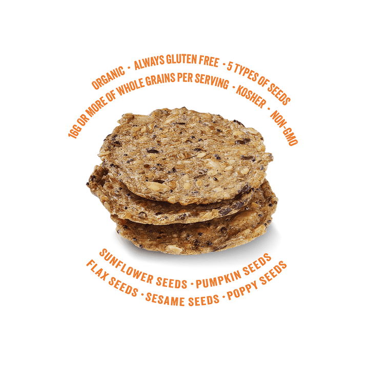 Super Seed Everything Crackers-Organic; Always Gluten Free; 5 Types of seeds; 16G or more of whole grains per saving; kosher; non-GMO; Sunflower seeds; Pumpkin Seeds; Flax Seeds; Sesame Seeds; Poppy Seeds.
